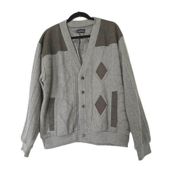 Vintage Wool Argyle Cardigan Sweater Mens M Beige Equestrian Preppy Coat Lined - Picture 1 of 10
